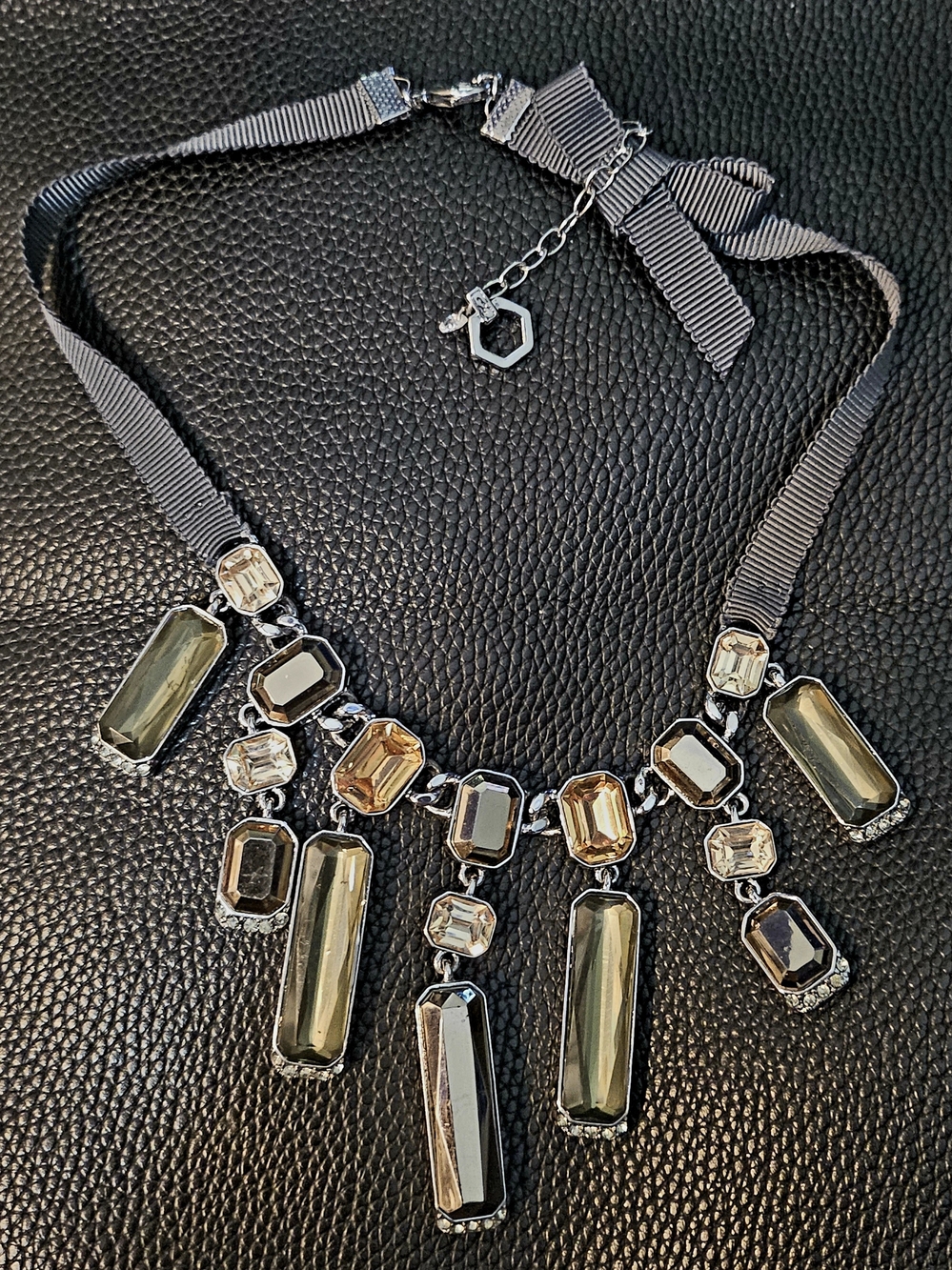 20"Vera Wang Emerald Cut Crystal & Grosgrain Ribbon Bib Statement Necklace